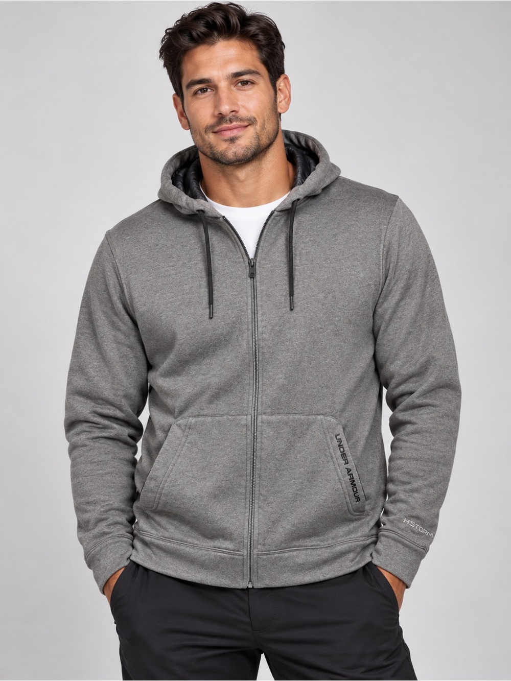 VTG 2013 Under Armour Storm Full Zip Hoodie Mens Medium Grey Fleece Jacket Logo